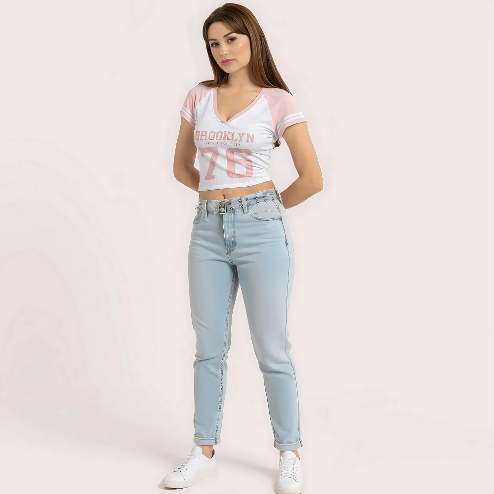 Women's Pink "Brooklyn 76" V-Neck Crop Top – Sporty Graphic Tee Snazzyway